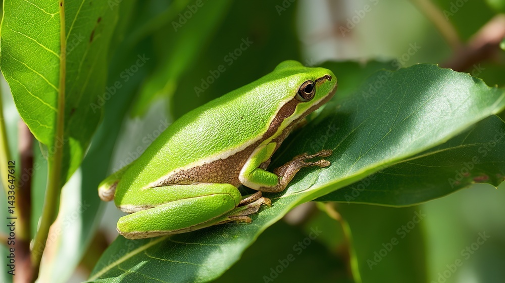 Fototapeta premium Tree Frog Perched on a Lush Green Leaf, Natural Sunlight Filtering Through Foliage, Shallow Depth of Field