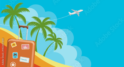 Travel suitcase with stickers and airplane flying over tropical palm trees against a blue background, vector illustration, copy space