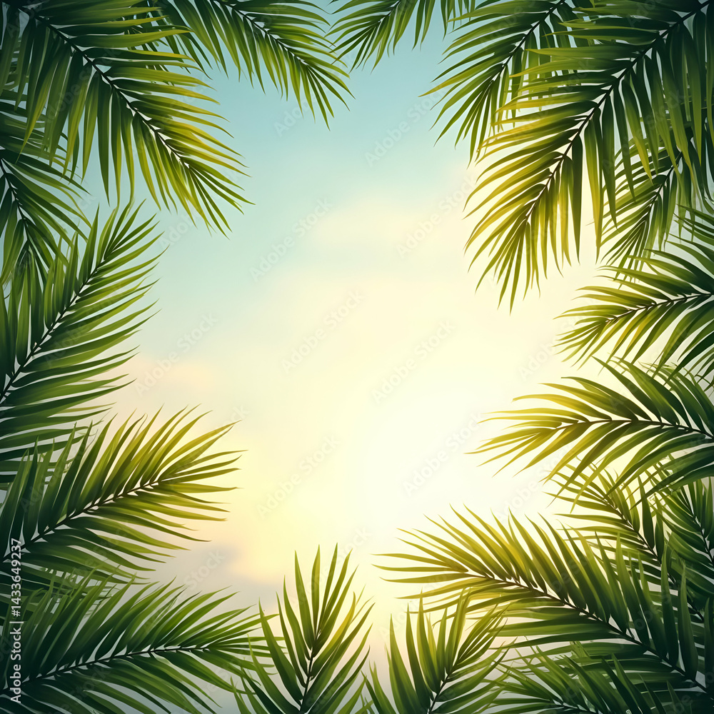 Naklejka premium Tropical Paradise with Palm Leaves Against the Sky Background