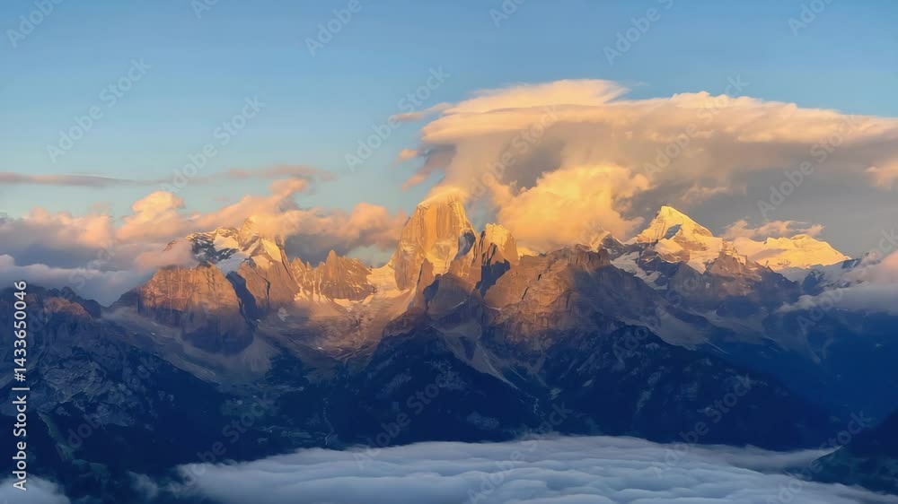 Snowy Mountains with Glowing Peaks at Sunrise – Serene Winter Nature Snowy Mountains with Glowing Peaks at Sunrise – Serene Winter Nature