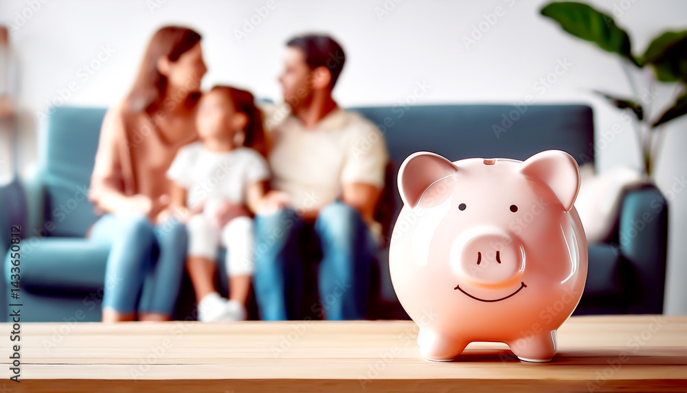 Sparschwein im Vordergrund dahinter eine Familie