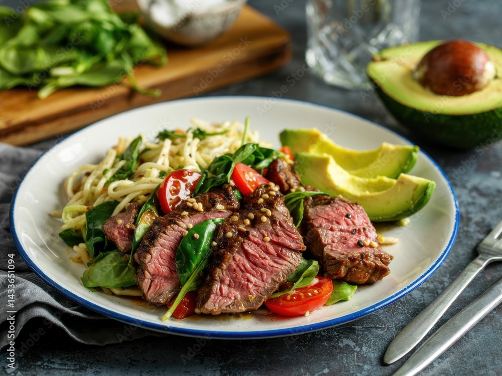 Delicious steak and avocado salad served with pasta and cherry tomatoes on a stylish plate in modern kitchen setting Delicious steak and avocado salad served with pasta and cherry tomatoes on a stylish plate in modern kitchen setting