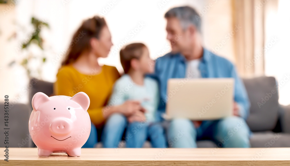 Sparschwein im Vordergrund dahinter eine Familie