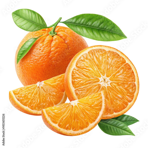 Fresh Orange Slices and Whole Fruit Composition, Isolated on Transparent Background, Citrus, Healthy Food, Vitamin C, orange, fruit, slices