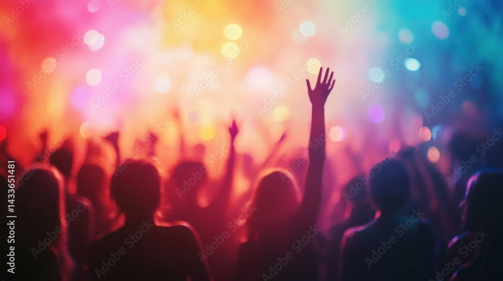 Silhouettes of a crowd with raised hands at a concert. The stage lights are blurred and colorful. Silhouettes of a crowd with raised hands at a concert. The stage lights are blurred and colorful.