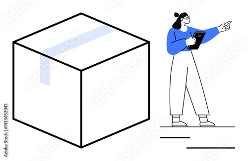 Woman with clipboard pointing toward a large, taped box. Ideal for logistics, e-commerce, planning, inventory, shipping, management concepts, and simple landing page