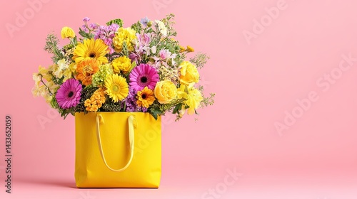Wallpaper Mural Bright colorful spring flowers arranged in a yellow shopping bag on pink background Torontodigital.ca