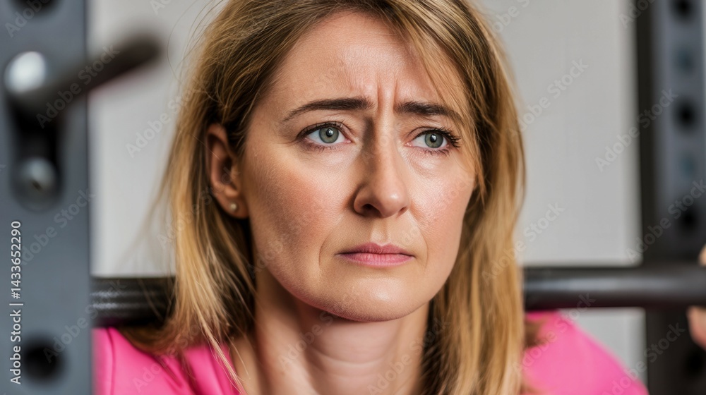 A woman is looking at the camera with a sad expression. She is wearing a pink shirt and has her hair pulled back A woman is looking at the camera with a sad expression. She is wearing a pink shirt and has her hair pulled back
