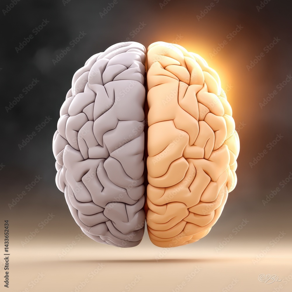 Fototapeta premium 3D Render of Divided Human Brain Hemispheres, Gray and Orange, Warm Light