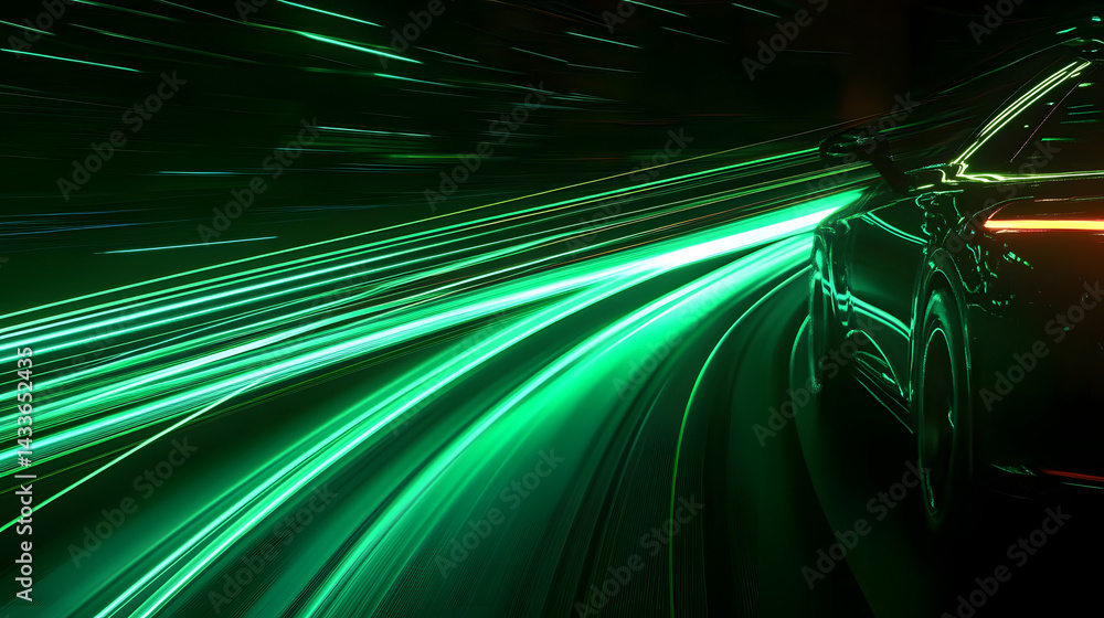 Image of a car's green light lines at night, illustrated in a modern style with a blurred motion effect