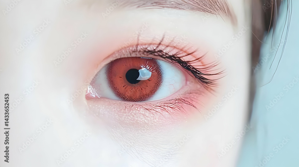 Obraz premium Close Up Of A Red Human Eye With Pink Eye Shadow And Black Eyelashes On Light Background