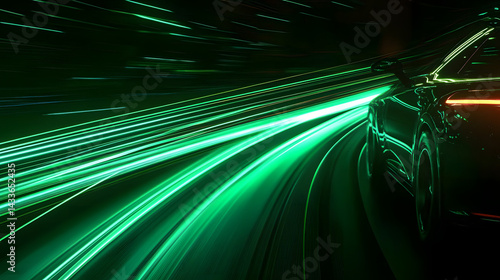 Obraz na płótnie Image of a car's green light lines at night, illustrated in a modern style with a blurred motion effect w salonie
