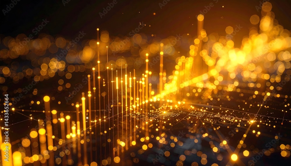 Fototapeta premium Golden Light Patterns and Data Representation in a Vibrant Abstract Digital Landscape with Lights