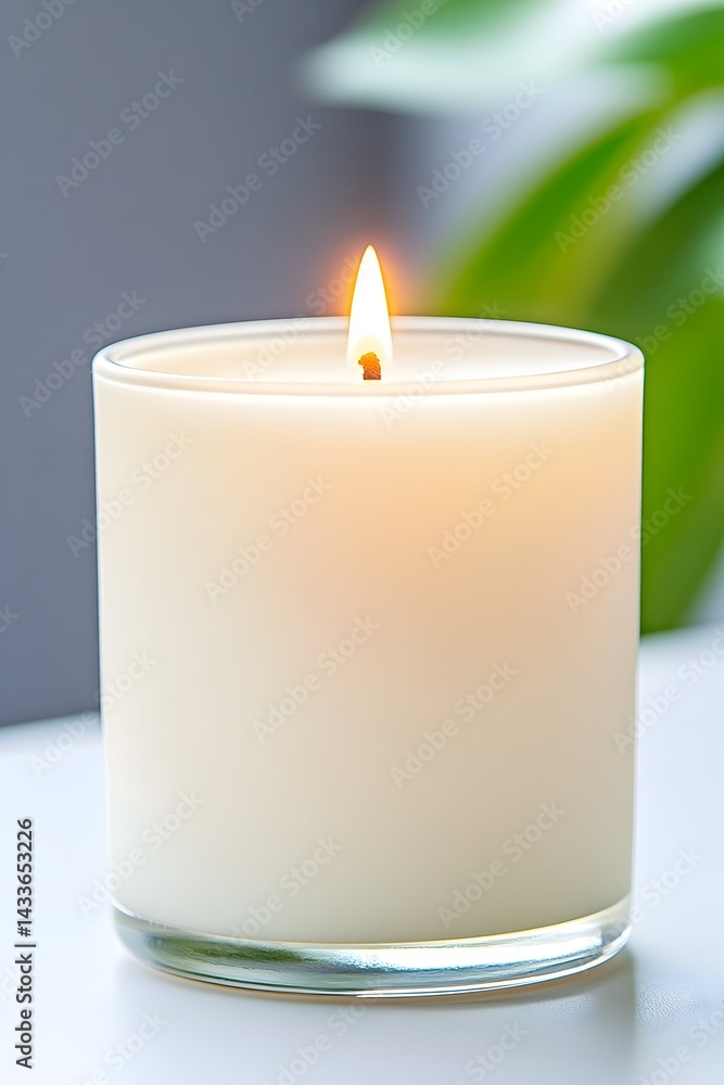 A softly lit, creamy-white candle in a clear glass container, sitting on a white surface with blurred green foliage in the background A softly lit, creamy-white candle in a clear glass container, sitting on a white surface with blurred green foliage in the background