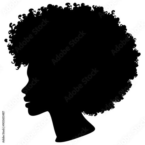 Profile silhouette of a woman with voluminous curly hairstyle in vector art style