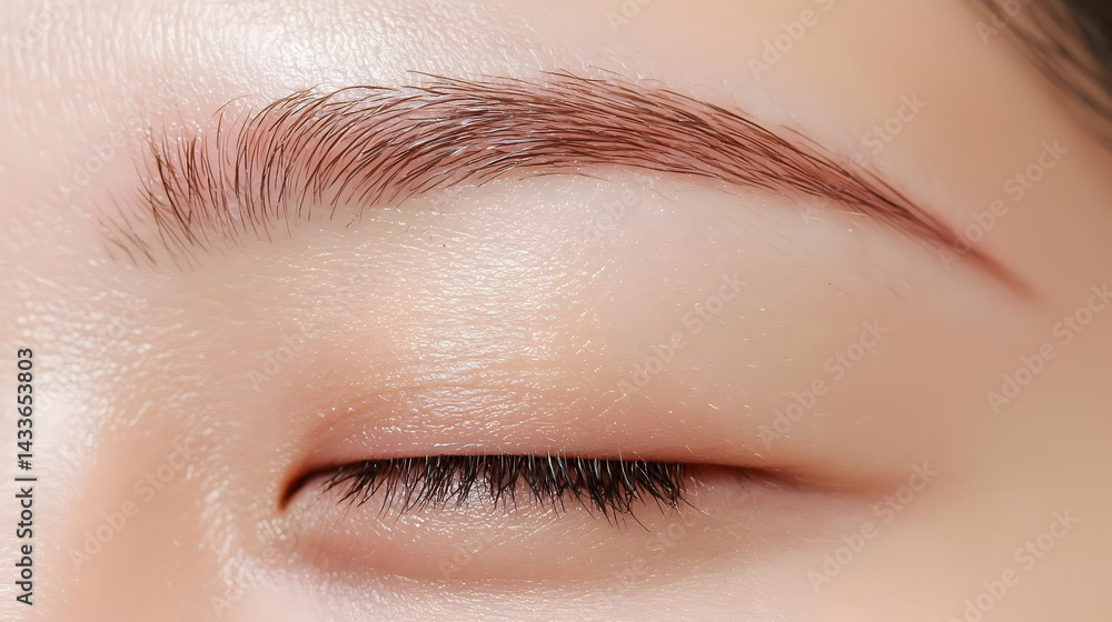Obraz premium Close Up of a Female Eye with Professionally Applied Makeup Showing Textured Eyebrow and Shimmering Glitter on Eyelid in Soft Focus