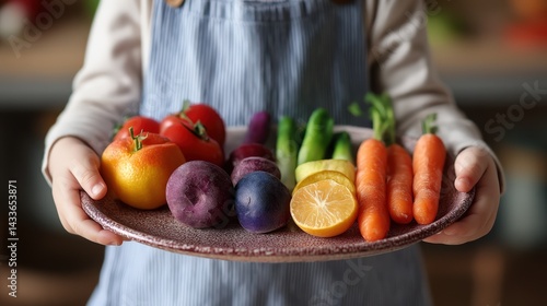 A Child Holds a Plate of Colorful Fruits and Vegetables Promoting Healthy Eating Habits