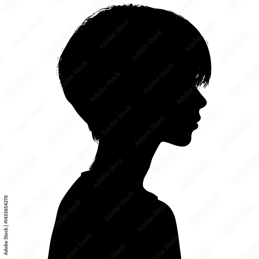 Silhouette of a young child with short hair in a minimalist vector design style Silhouette of a young child with short hair in a minimalist vector design style