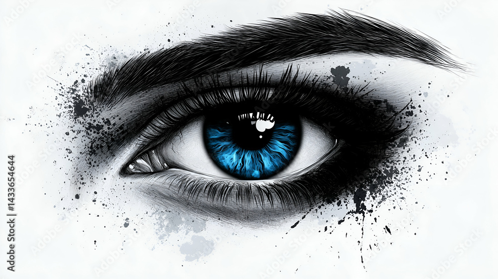 Fototapeta premium Dramatic black-white eye drawing, ink splash effect, intense gaze, mystical pencil sketch, artistic graphic design