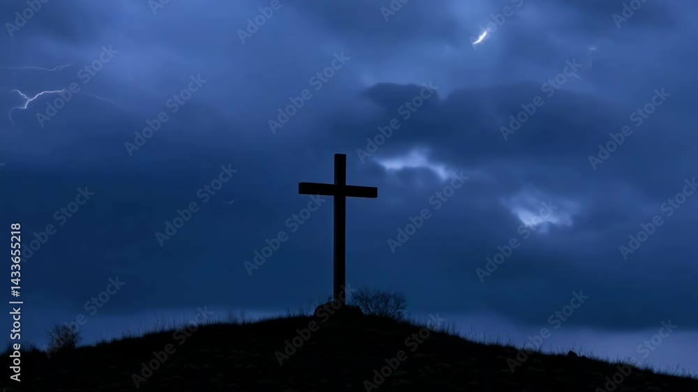 Silhouette of Christian cross on hilltop against dramatic stormy sky. As night falls, lightning suddenly strikes behind the cross, creating a powerful symbolic image. Silhouette of Christian cross on hilltop against dramatic stormy sky. As night falls, lightning suddenly strikes behind the cross, creating a powerful symbolic image.