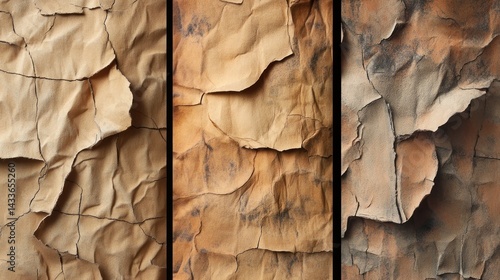 Wallpaper Mural Three vertical panels of brown, textured, wrinkled, and cracked paper. Torontodigital.ca