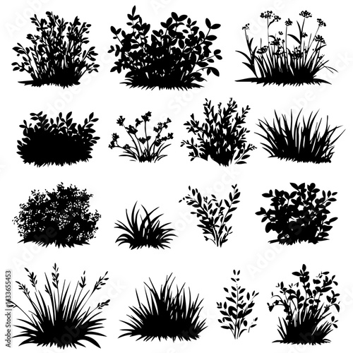 Collection of vector plant shapes showcasing diverse foliage and shrub designs for creative projects