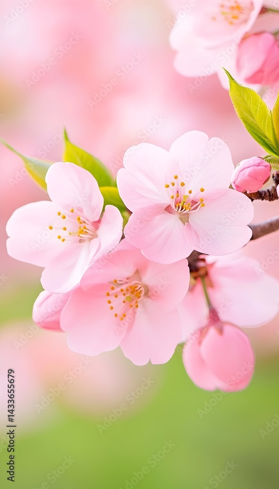 Obraz premium Delicate pink blossoms cluster on a branch, soft green background blurring