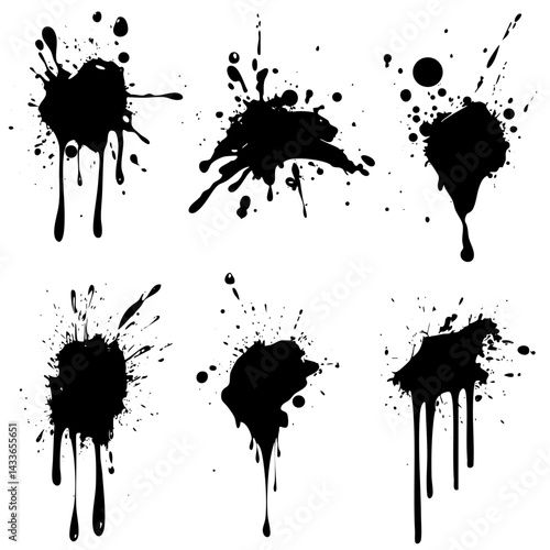 Black vector ink splashes with varying sizes and shapes for creative design elements
