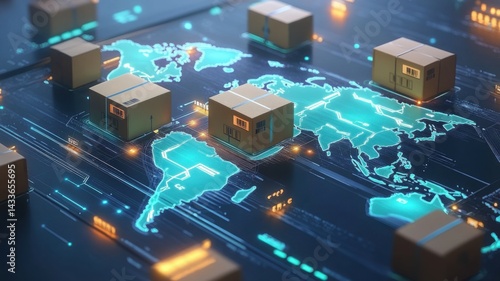 A digital representation of a global shipping network, featuring illuminated maps and cargo boxes, illustrating logistics and supply chain dynamics.