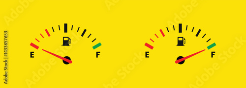fuel indicator. Half tank of gasoline. Fuel gauge with warning to indicate low fuel level. Vector illustration of classic gas tank indicator on car dashboard panel. Energy shortage concept isolated.