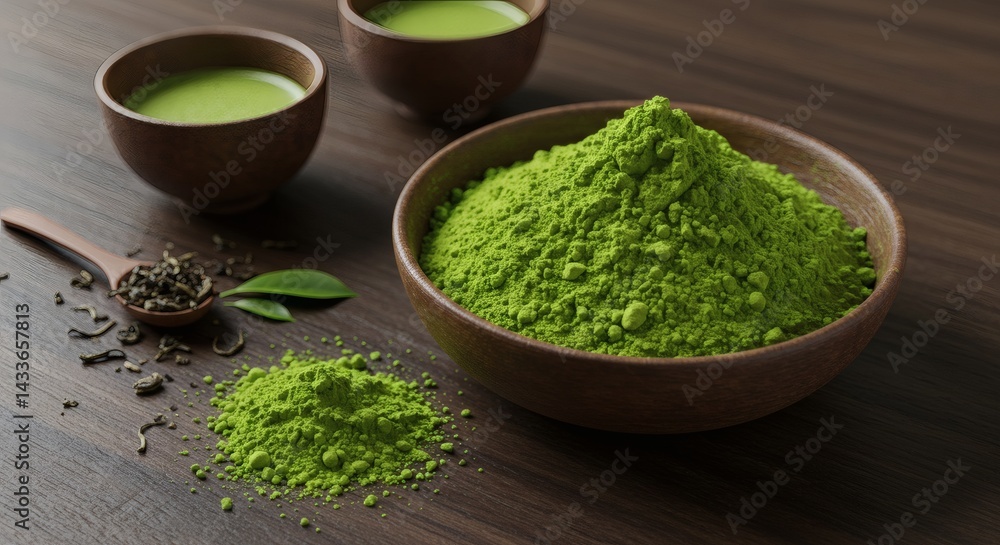 Preparing Matcha Green Tea Powder and Beverage in Wooden Bowls Preparing Matcha Green Tea Powder and Beverage in Wooden Bowls