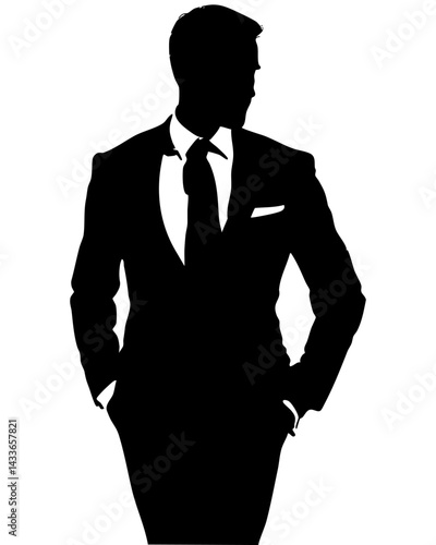 Elegant silhouette of a man in formal attire standing confidently with hands in pockets