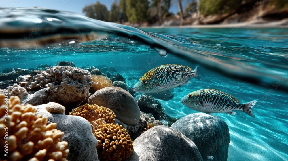 Fototapeta premium Underwater Scene Tropical Fish Swim Over Vibrant Coral Reef in Crystal Clear Ocean Water
