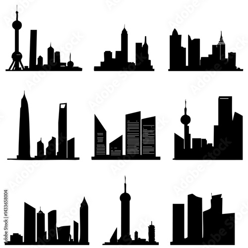 Obraz na płótnie Vector skyline silhouettes highlighting urban architecture from various angles w salonie