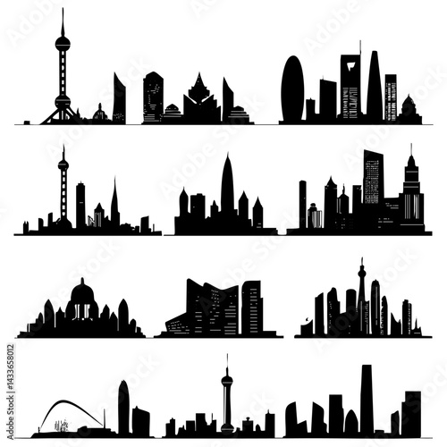 Urban skyline vector illustration showcasing diverse architecture from major cities