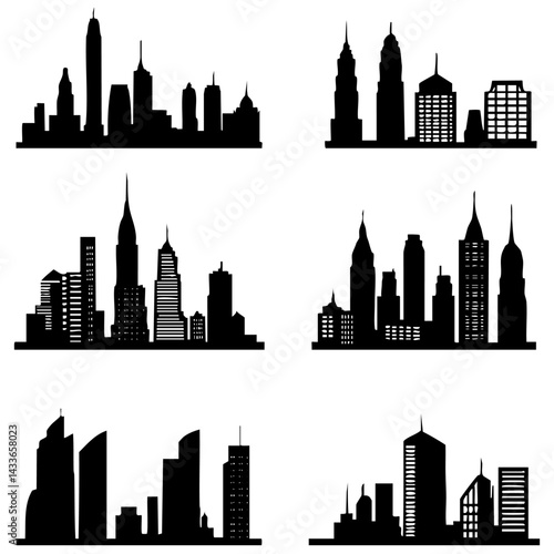 Skyline vector shapes depicting various city landmarks in a black silhouette style