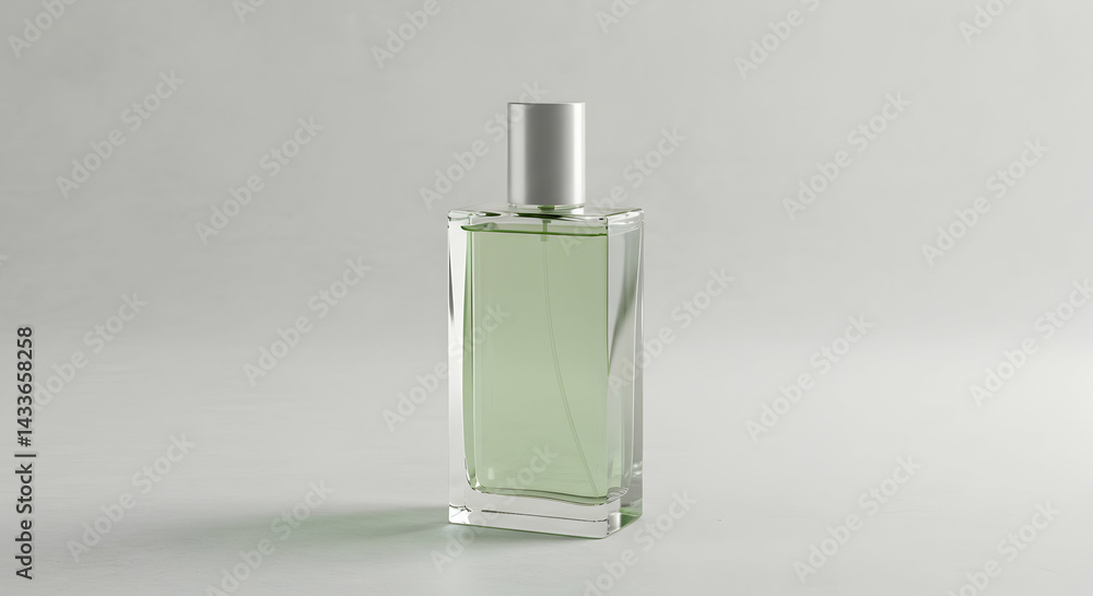 Plain high-end perfume bottles filled with various colored liquids, unbranded and isolated on clean white backgrounds with soft realistic lighting for minimalist product mockups.