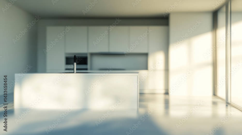 Modern kitchen with white cabinets, a large window, and sunlight streaming in. Modern kitchen with white cabinets, a large window, and sunlight streaming in.