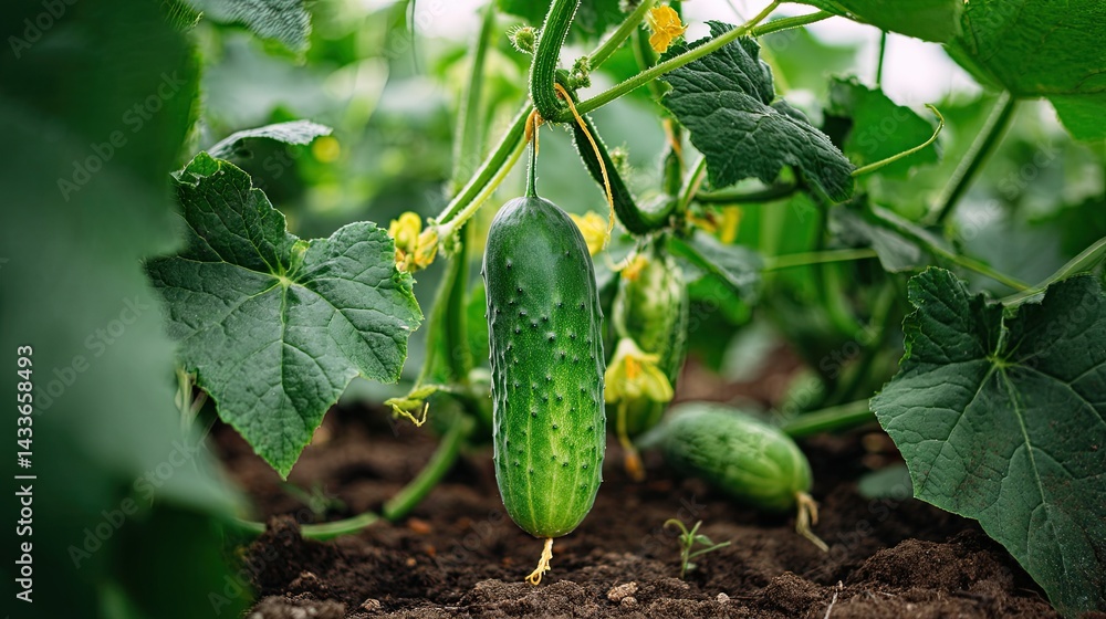 Obraz premium Fresh green cucumber growing on plant with leaves and yellow flowers in vegetable garden