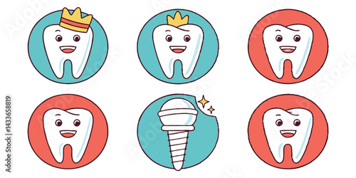 Cute Dental Tooth Characters with Crown and Dental Implant Vector Illustration Set