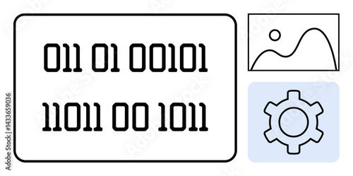Binary code in focus, gear inside blue square, and outlined image symbolize coding, programming, data processing, artificial intelligence, analytics, creativity and technology. Ideal for software
