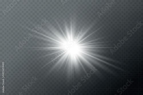 Bright white light burst with radiant beams and soft glowing edges on transparent background. Vector illustration of sunlight effect with glare and flare elements for highlights and design