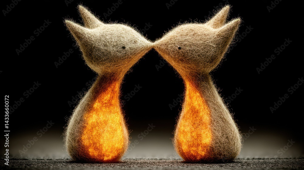 Obraz premium Two Cute Felt Animals Kissing with Warm Glowing Light in a Dark Background Creating a Cozy and Whimsical Atmosphere of Love and Friendship