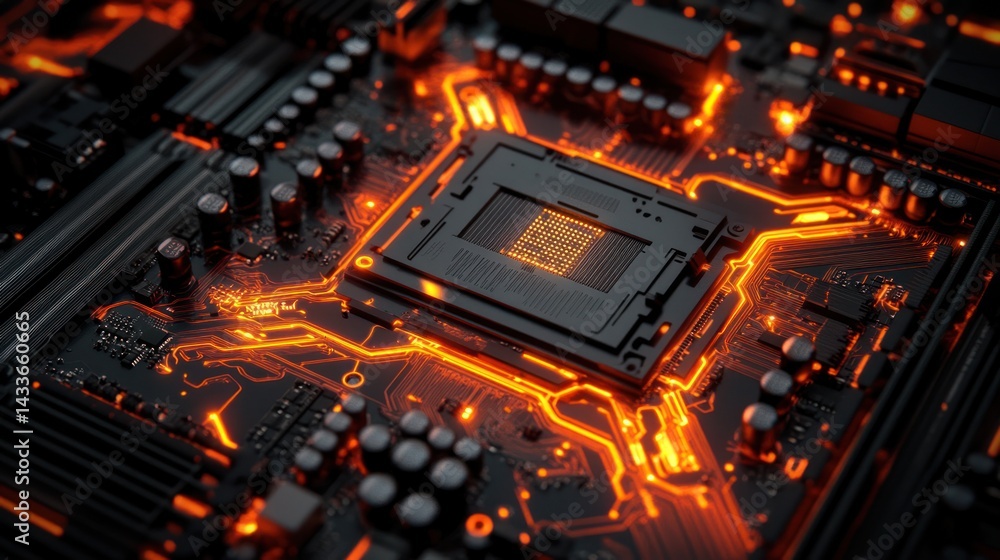 Fototapeta premium Motherboard glows with circuitry in dim light for server parts & computer builds