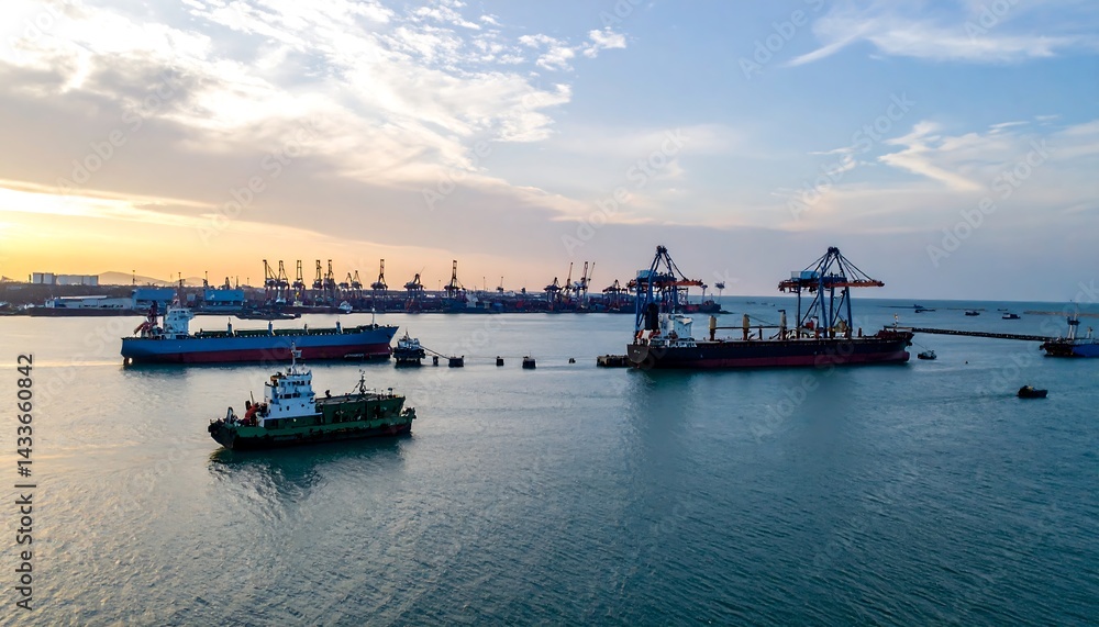 Fototapeta premium Aerial View of Busy Harbor with Commercial Ships and Cranes at Sunset in a Coastal City