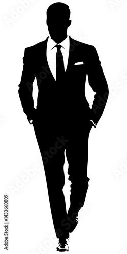 Stylish businessman walking confidently in vector design with sleek black suit