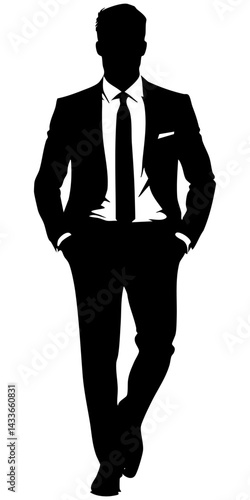 Elegant full body silhouette of a man in a suit walking confidently