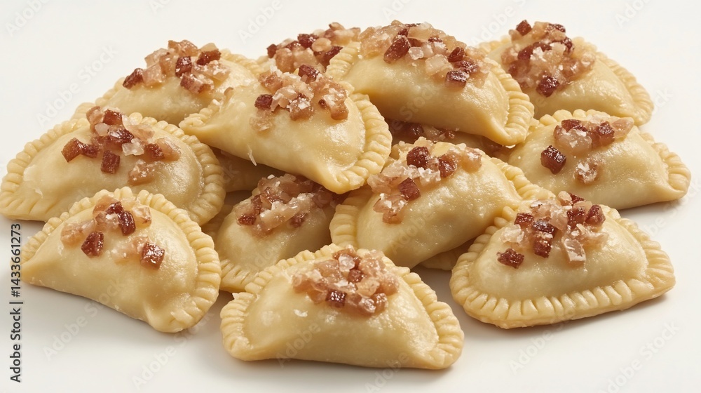 Pile of savory pastries topped with crispy bits Pile of savory pastries topped with crispy bits
