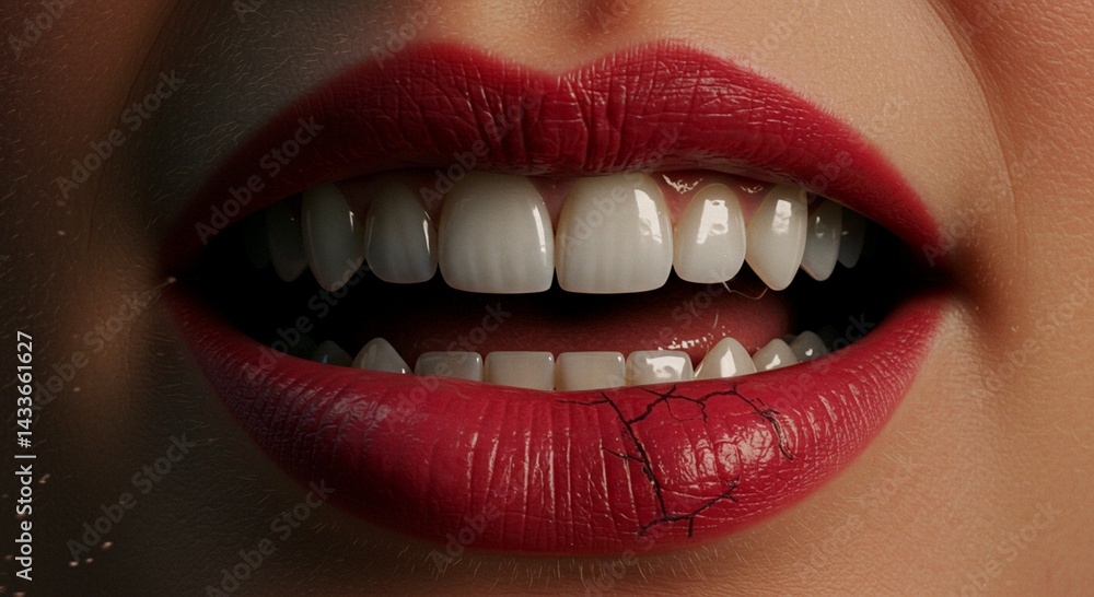 Obraz premium Close-up of Mouth with Red Lipstick and Cracked Lips