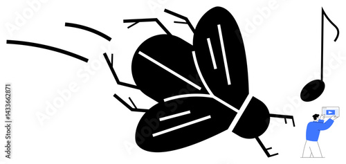 Giant fly in motion with bold lines, a musical note, and a small person holding a device. Ideal for creativity, sound design, imagination, technology, surreal concepts and unique branding. Perfect